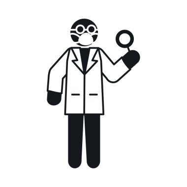 Piktogram doktoru koruyucu maskeyle ayakta duruyor ve elinde büyüteç tutuyor, siluet tarzı.