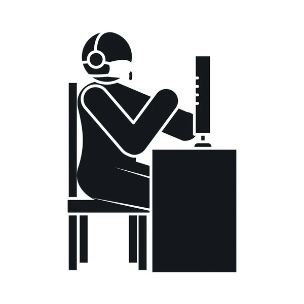 Pittogramma uomo che lavora alla scrivania con una maschera protettiva, stile silhouette — Vettoriale Stock