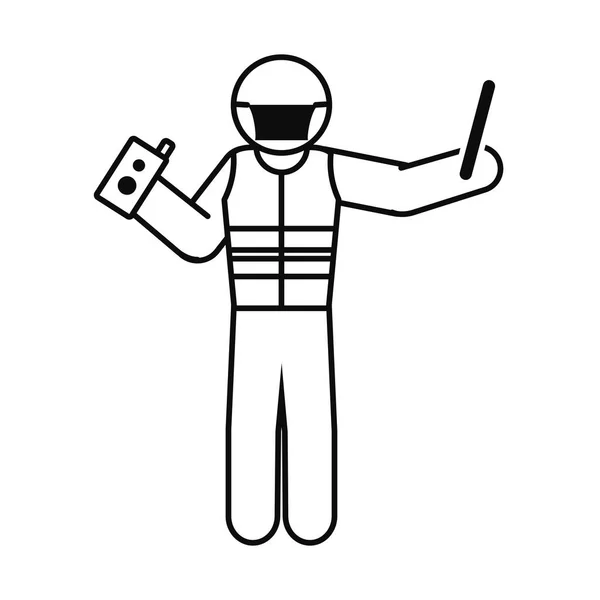 Працівник аеропорту піктограми в медичній масці та жилеті, стиль лінії — стоковий вектор