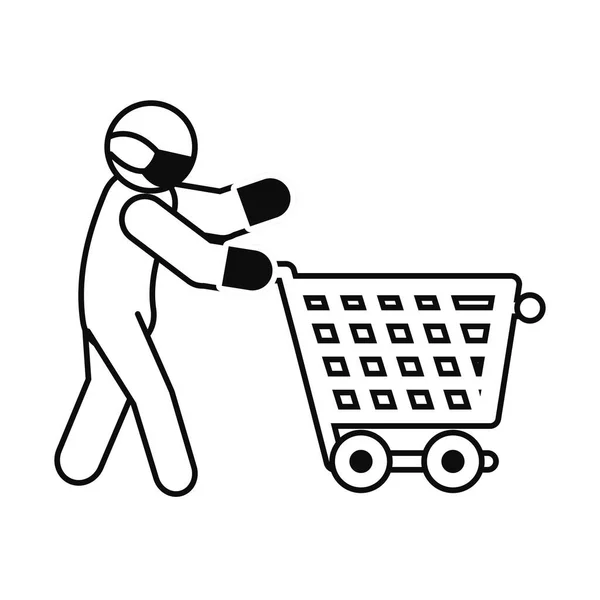 Pictogram man met beschermende masker en handschoenen en winkelwagen pictogram, lijn stijl — Stockvector