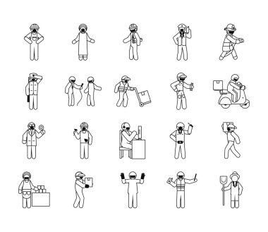 pictogram itfaiyeci ve temel işçi simgesi seti, satır biçimi