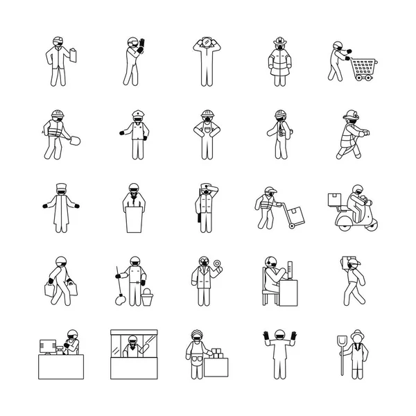 Pictograma pessoas e trabalhadores essenciais conjunto de ícones, estilo de linha —  Vetores de Stock