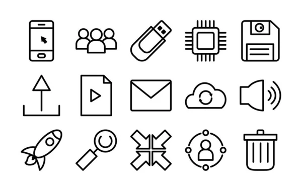 Altavoz y conjunto de iconos de interfaz de usuario, estilo de línea — Vector de stock