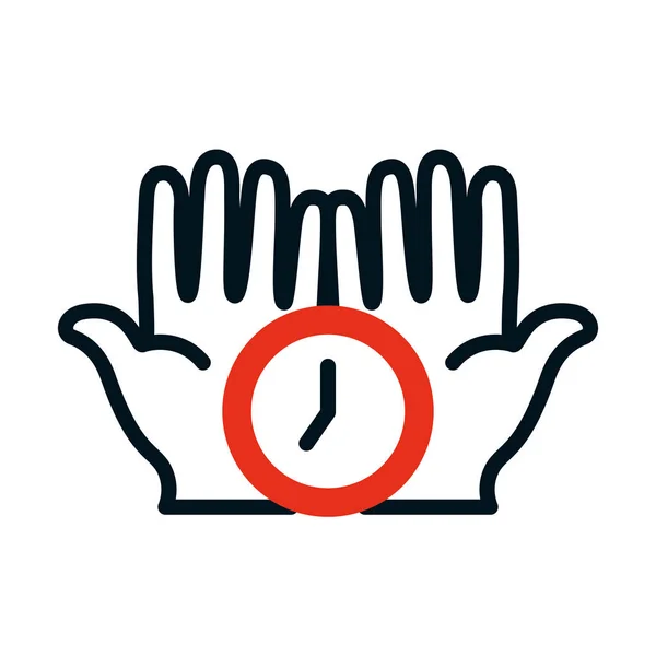 Open hands with clock icon, half line half color style — Stock Vector