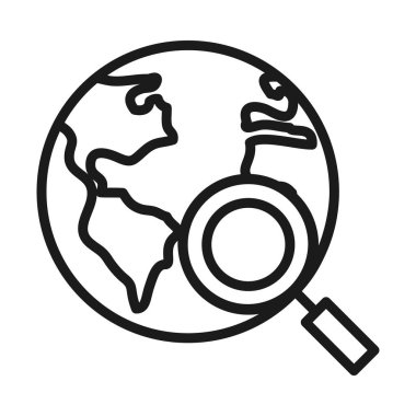 Büyüteç simgesine sahip dünya gezegeni, çizgi tarzı.