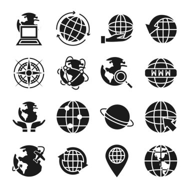 Satürn gezegeni ve küresel küre simgesi seti, siluet biçimi