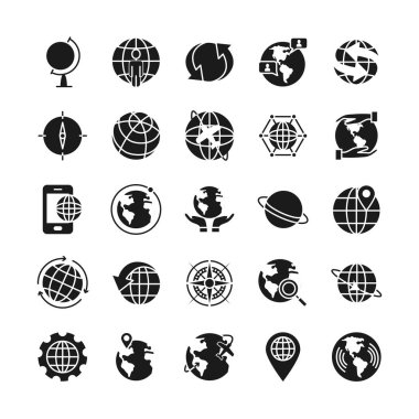 Oklar ve küresel küre simgesi seti, siluet biçimi