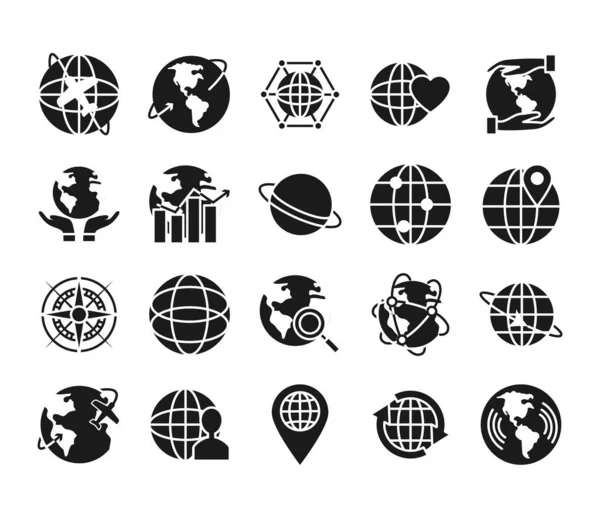 Erde Planet und globale Kugel Icon Set, Silhouette-Stil — Stockvektor