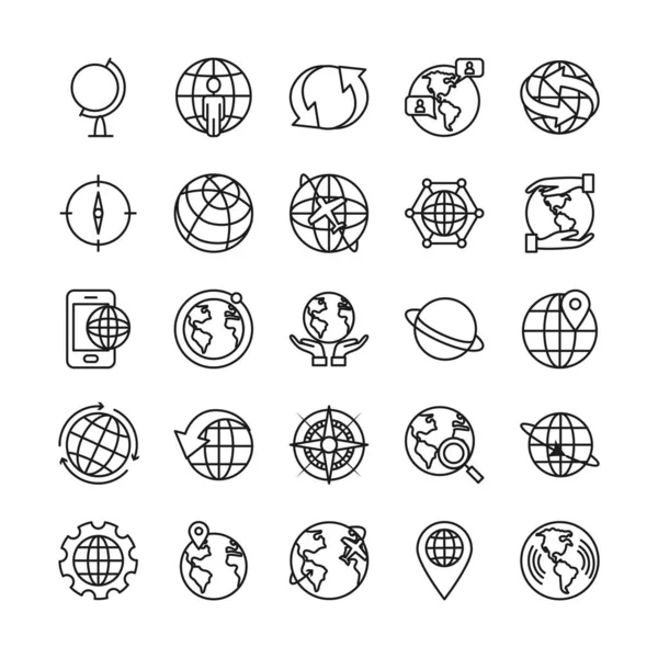 Pfeile und globales Kugel-Symbol-Set, Linienstil — Stockvektor