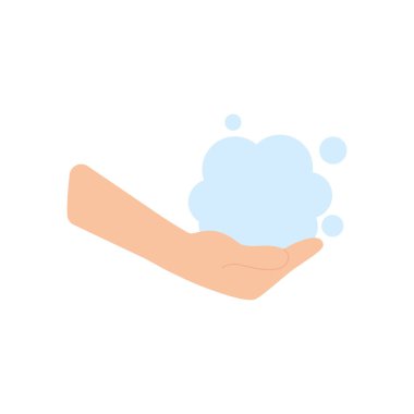 Köpüklü sabun ikonu olan el, düz stil