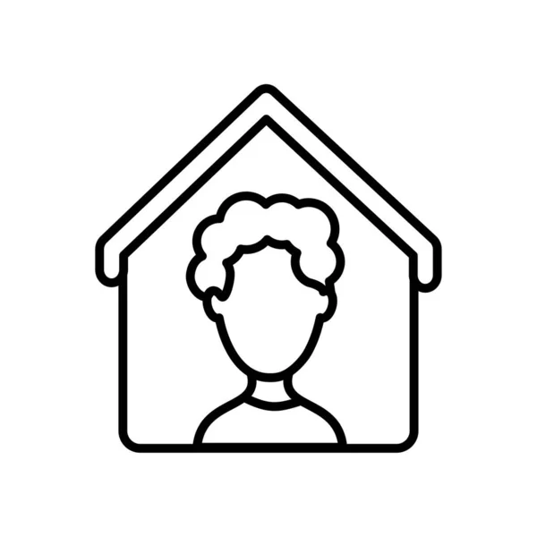 Blijf thuis concept, huis met avatar man binnen, lijn stijl — Stockvector