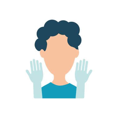 Koruyucu tıbbi eldiven giyen Avatar Adam, düz stil.