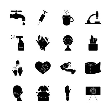 Şırınga ve koronavirüs simgesi seti, siluet biçimi