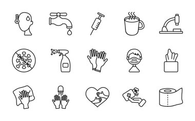 su musluğu ve koronavirüs simgesi seti, satır biçimi