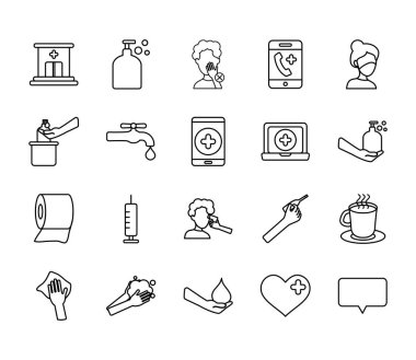 teknoloji aygıtları ve koronavirüs simgesi seti, satır biçimi