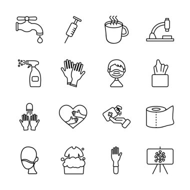 Şırınga ve koronavirüs simgesi seti, satır biçimi