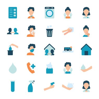 Sprey şişe ve koronavirüs ikonu seti, düz stil.