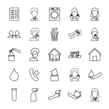 Sprey şişe ve koronavirüs ikonu seti, satır biçimi