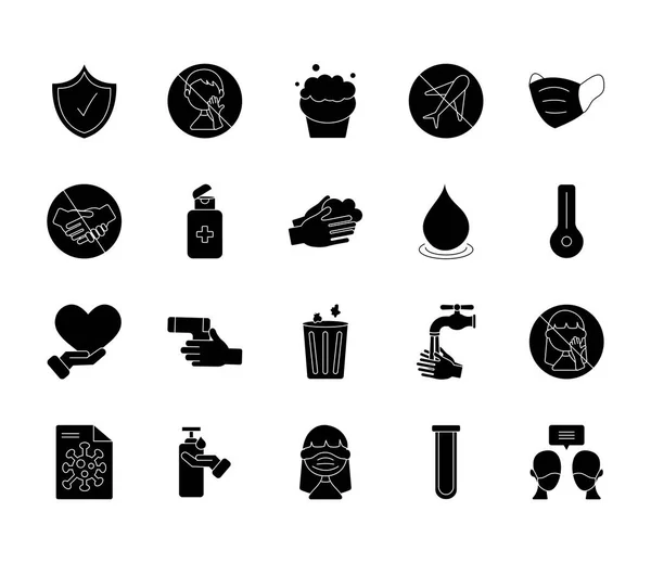 Test tube and covid 19 icon set, silhouette style — Stock Vector