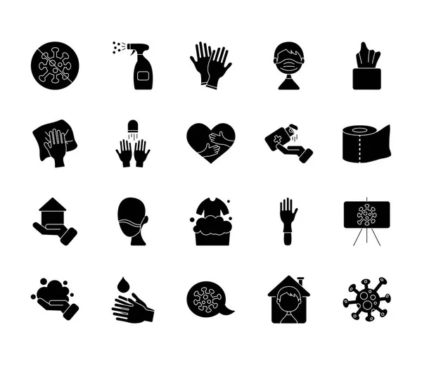 Händewaschen und Coronavirus Icon Set, Silhouette-Stil — Stockvektor