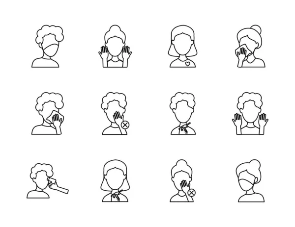 Avatar personas y coronavirus icono conjunto, estilo de línea — Vector de stock