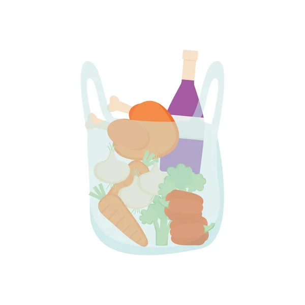 Sac plastique avec légumes, poulet et bouteille de vin, style détaillé — Image vectorielle