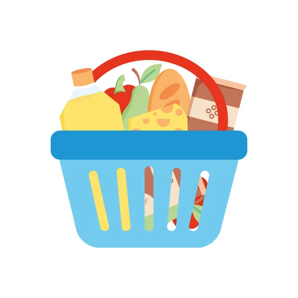 Panier avec des produits alimentaires et d'épicerie, style détaillé — Image vectorielle