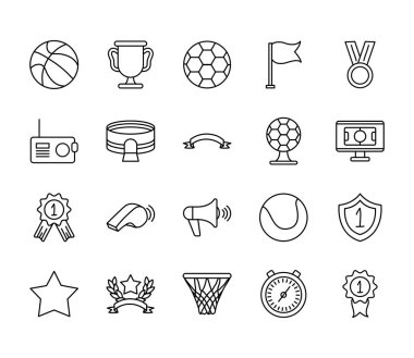 Basketbol topu ve oyun olay simgesi seti, satır biçimi