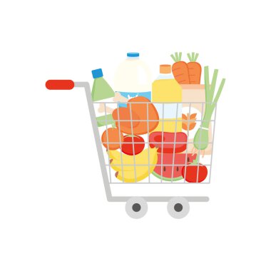 Sebzeli alışveriş arabası ve market ürünleri, ayrıntılı stil.