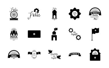 Dekoratif çiçekler ve Hindistan 'ın bağımsızlık günü simgesi seti, siluet tarzı