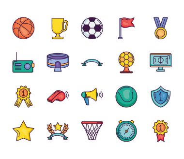 Basketbol topu ve oyun olay simgesi seti, çizgi renk biçimi