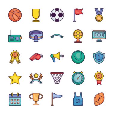 futbol topu ve oyun olay simgesi seti, çizgi renk biçimi