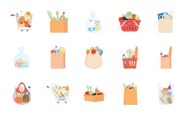 Market ürünleri simgesi seti olan kutular, ayrıntılı biçim