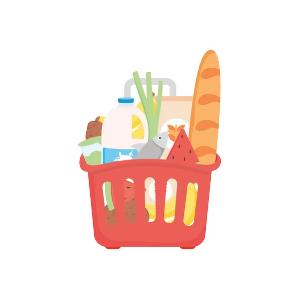 Panier de supermarché avec de la nourriture et des bouteilles, style détaillé — Image vectorielle