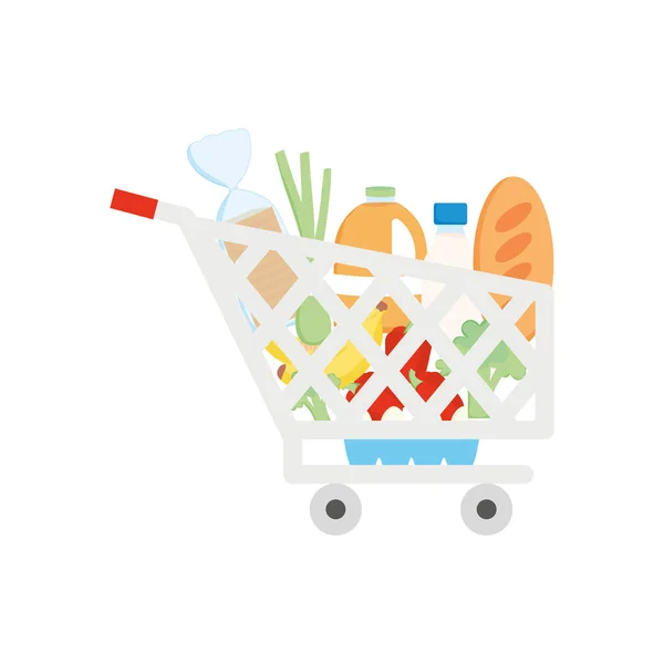 Chariot de supermarché avec produits alimentaires et d'épicerie, style détaillé — Image vectorielle