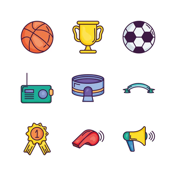 Copa de trofeo y juego conjunto de iconos de evento, estilo de color de línea — Vector de stock