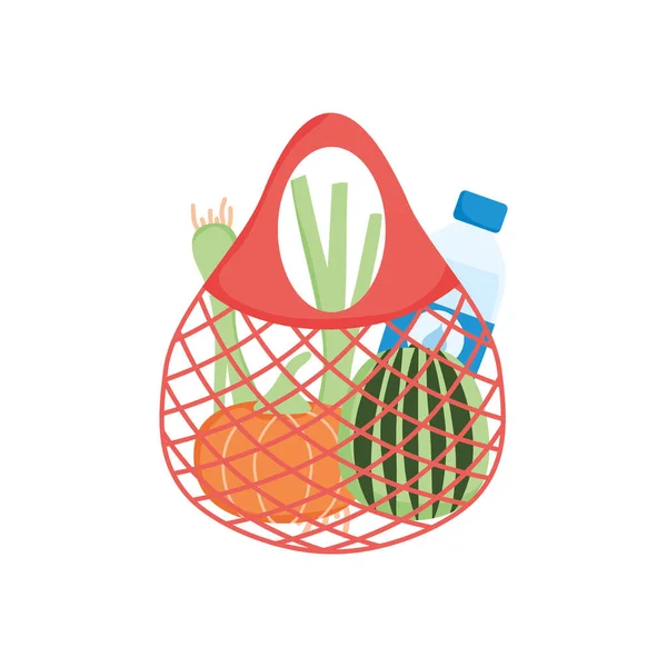 Sac tortue shopping avec des légumes et bouteille d'eau, style détaillé — Image vectorielle