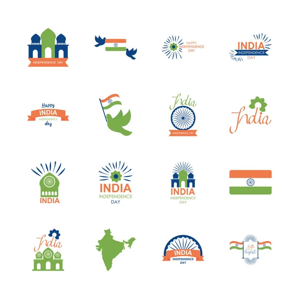 印地地图和印度独立日图标集,平板风格 — 图库矢量图片