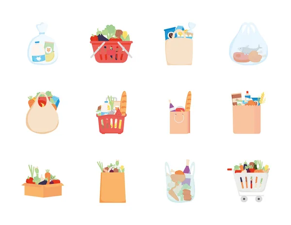 Bolsas de supermercado con conjunto de iconos de alimentos, estilo detallado — Vector de stock