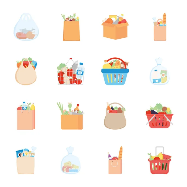 Taschen und Boxen mit Lebensmittelprodukten Icon-Set, detaillierter Stil — Stockvektor