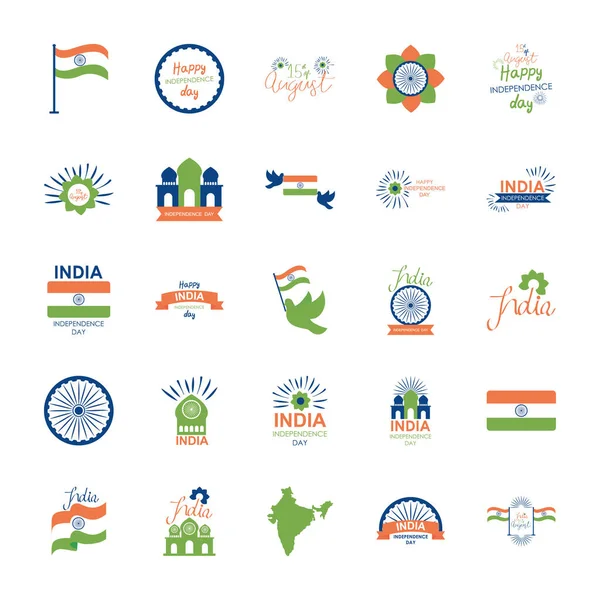 印第独立日图标集的字体设计,扁平风格 — 图库矢量图片