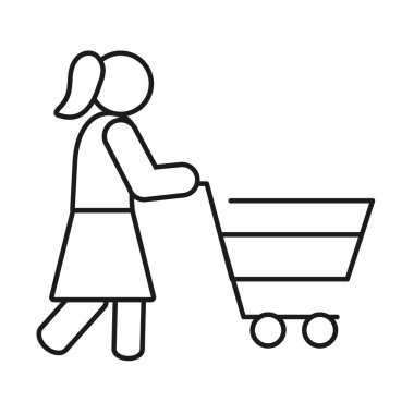 Alışveriş arabası simgesi olan piktogramlı kadın, çizgi tarzı.