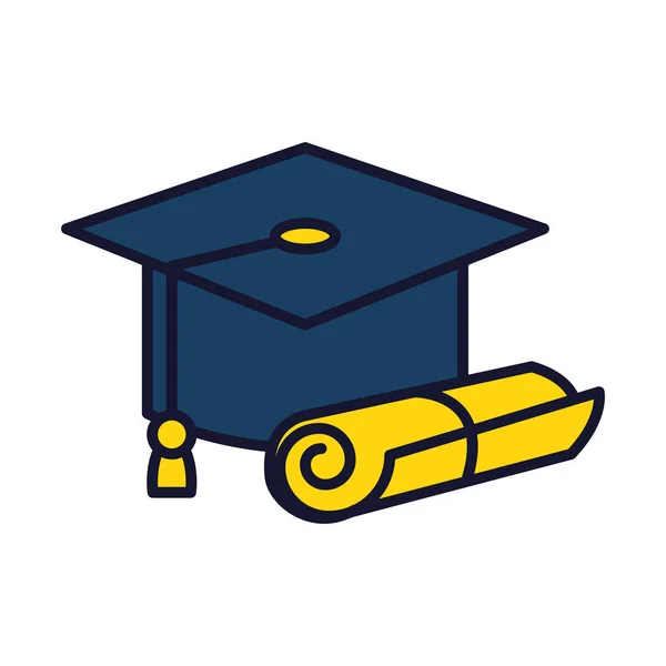 Chapeau de graduation et icône de diplôme, ligne et style de remplissage — Image vectorielle