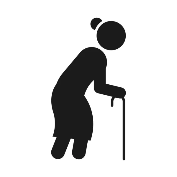 Piktogramm alte Frau, die mit einem Stock geht, Silhouettenstil — Stockvektor