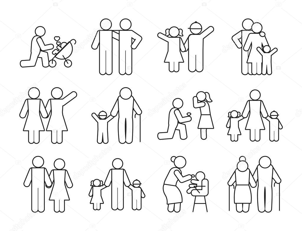 pictogram people and family icon set, line style