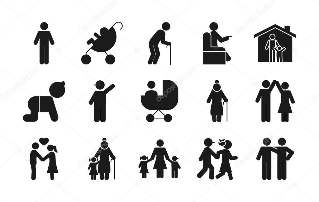 pictogram old people and people icon set, silhouette style