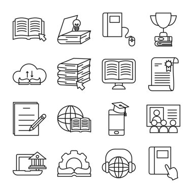 küresel çevre ve çevrimiçi eğitim simgesi seti, satır biçimi