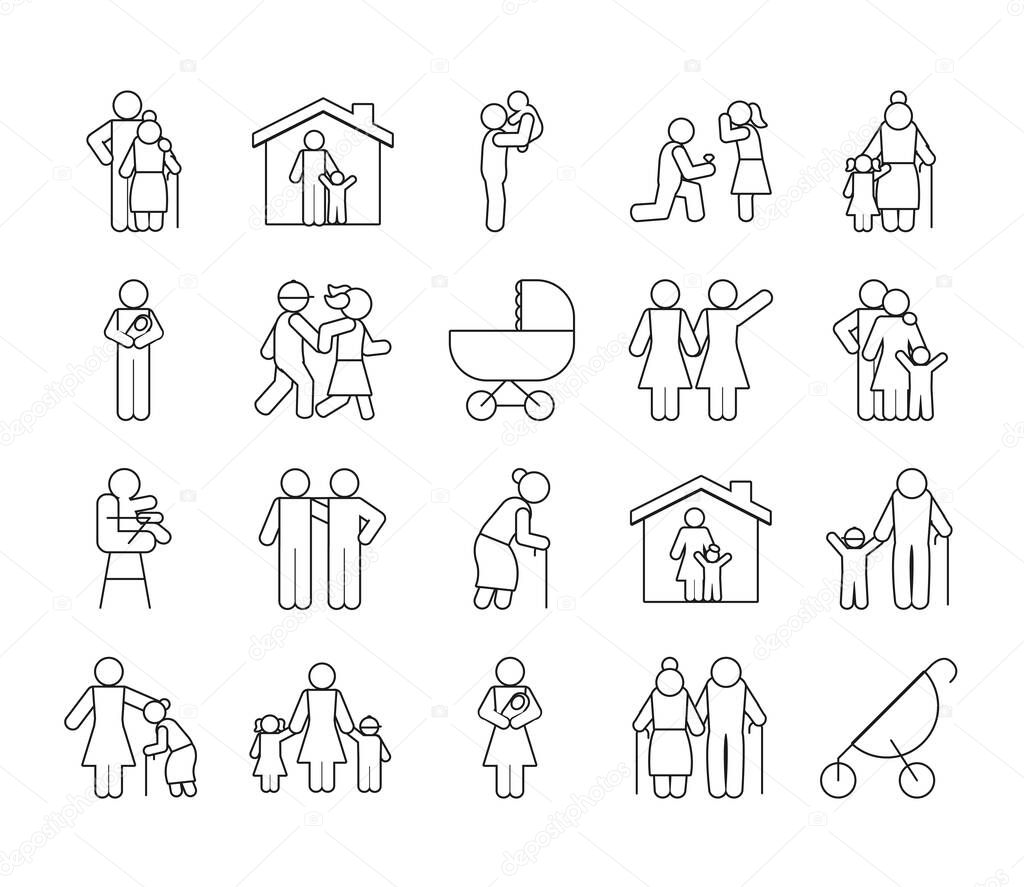 old people and pictogram people icon set, line style