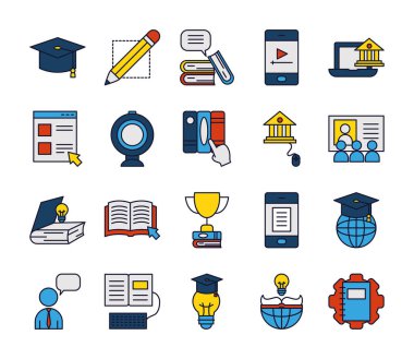 kupa ve çevrimiçi eğitim simgesi seti, satır ve dolum biçimi