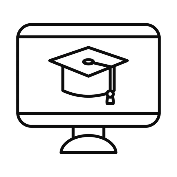 Online onderwijs concept, computer met graduatie cap icoon, lijn stijl — Stockvector